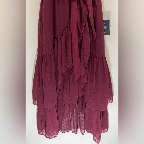 NWT Lulus Have Harmony Burgundy Swiss Dot Ruffled Faux Wrap Midi Dress Medium - Picture 9 of 13